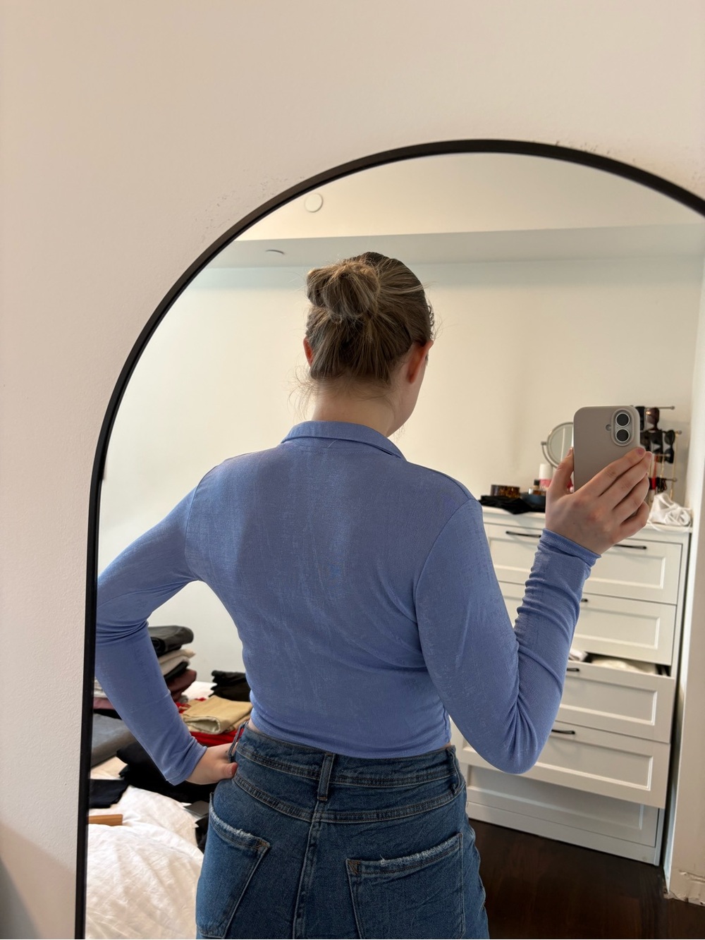 Cropped Ribbed Button-Front Top in Lavender Blue - Picture 3 of 3